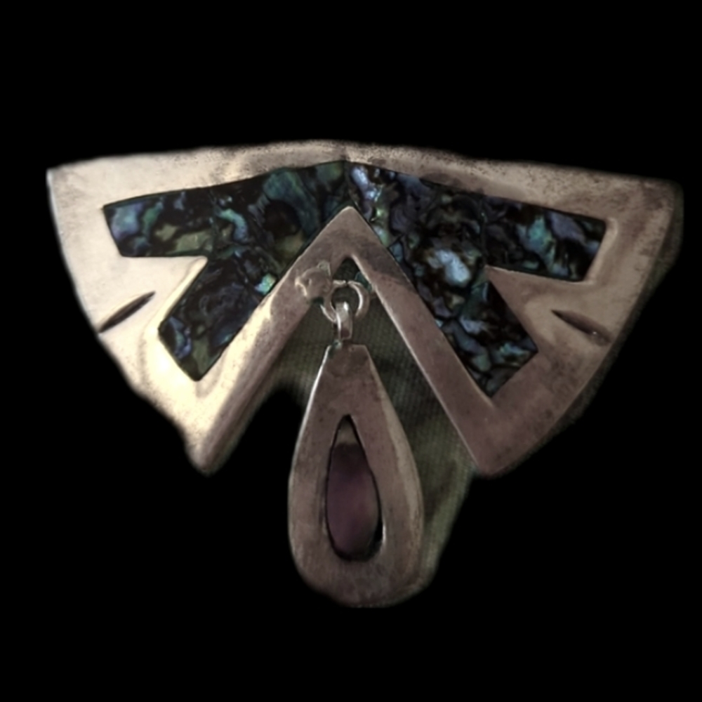 VINTAGE STERLING SILVER & ABALONE DANGLE BROOCH MEXICO